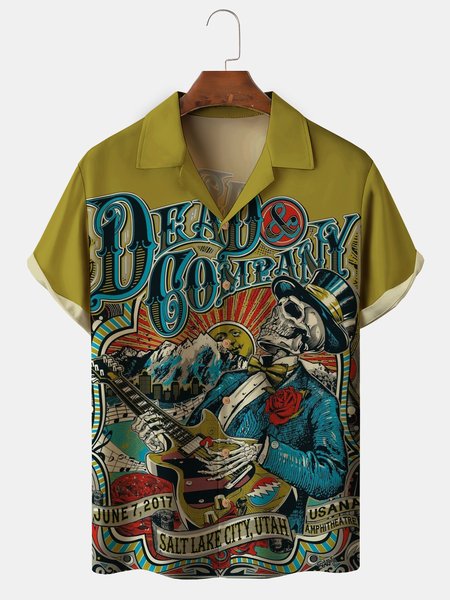 

Men's Music Print Casual Fabric Fashion Lapel Short Sleeve Shirts, Green, Men's Floral shirt