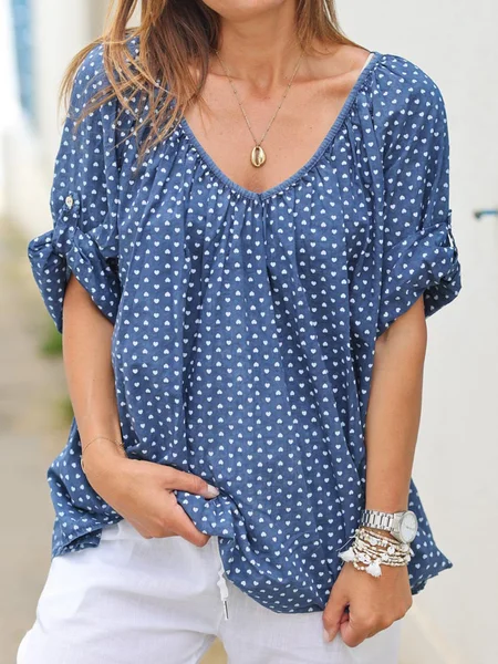

JFN V Neck Heart Dots Casual Cotton-Blend Tops, Blue, Shirts & Blouses
