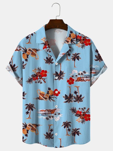 Cotton And Linen Holiday Leisure Short-sleeved Shirt, As picture, Men's Floral shirt