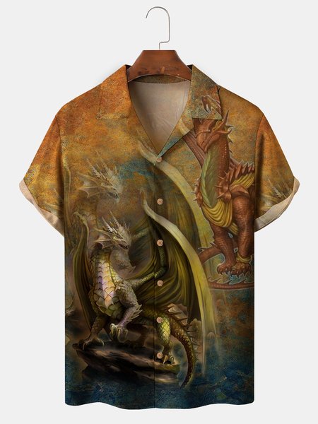 

Men's Dragon Print Casual Fabric Fashion Lapel Short Sleeve Shirt, Light coffee, Men's Floral shirt