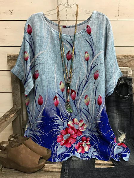 

Casual Floral Crew Neck Tops, Blue, Shirts & Blouses