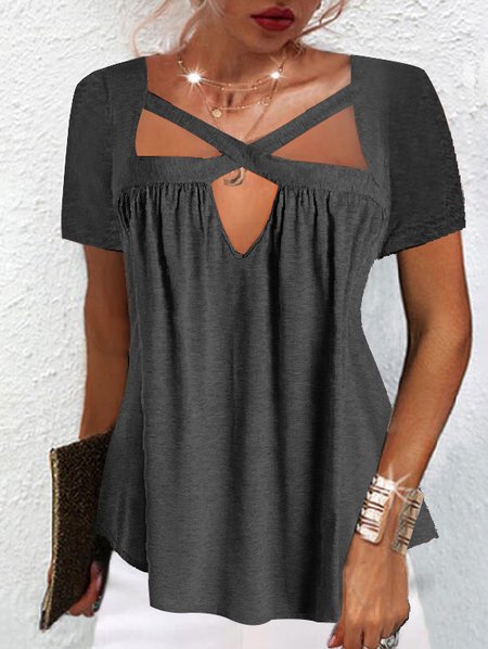 

Plain Neckline Cutout Short Sleeve Knitted Top, Deep gray, Shirts & Blouses