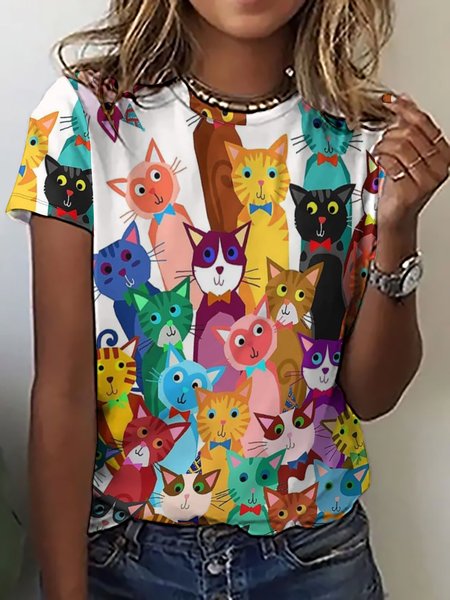 

Women Funny Cat Simple Crew Neck T-Shirt, As picture, T-shirts