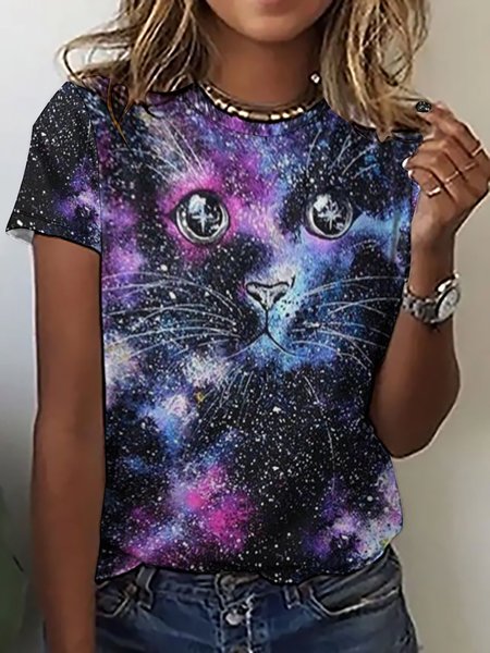 

Women Funny Cat Simple Animal T-Shirt, Blue, T-shirts