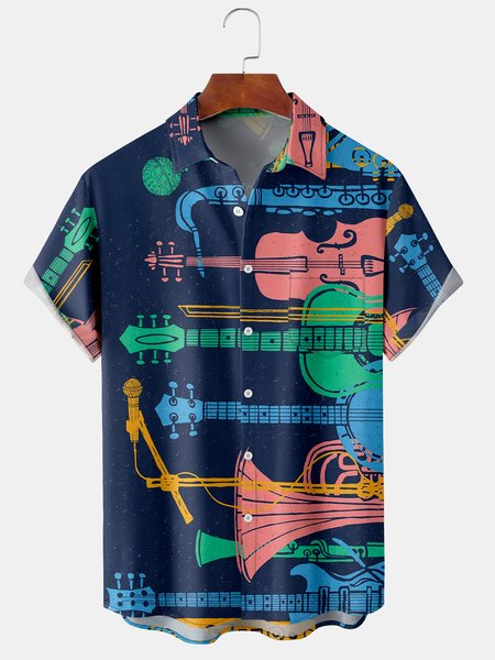 

Men's Music Element Graphic Print Short Sleeve Shirt, Blue, Men's Floral shirt
