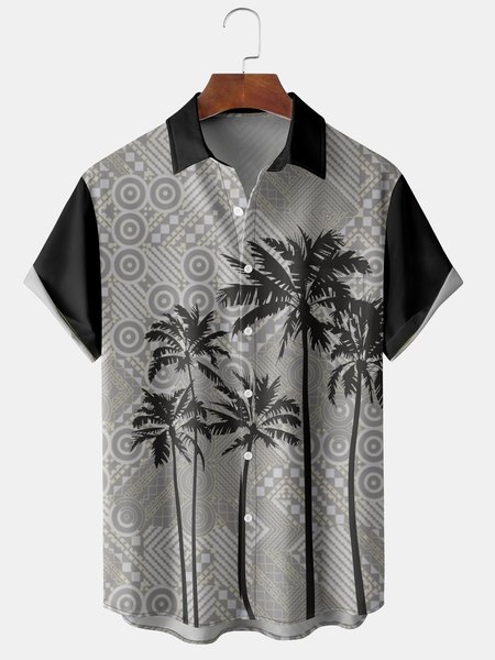 

Mens Dark Geo Coconut Print Front Buttons Soft Breathable Chest Pocket Casual Hawaiian Shirts, Black, Men's Floral shirt