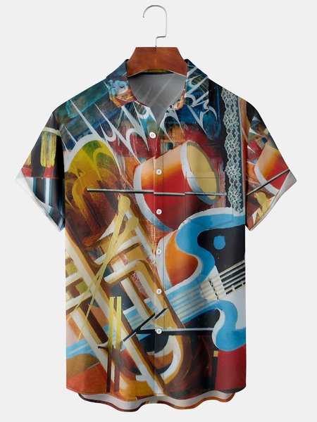 

Men's Music Element Graphic Print Short Sleeve Shirt, Yellow, Men's Floral shirt