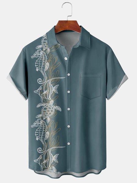

Resort Style Hawaii Series Turtle Coral Element Pattern Lapel Short Sleeve Chest Pocket Shirt Printed Top, Blue, Shirts ＆ Blouse