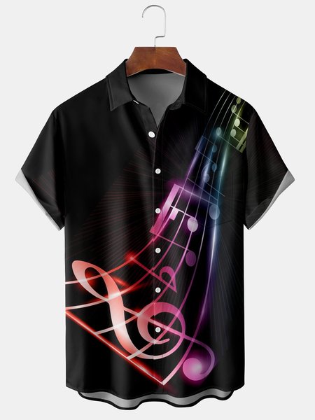 

Mens Music Notes Print Front Buttons Soft Breathable Chest Pocket Casual Hawaiian Shirts, Black, Men's Floral shirt