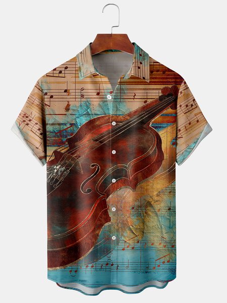 

Men's Retro Music Print Casual Breathable Hawaiian Short Sleeve Shirt, Brown, Men's Floral shirt