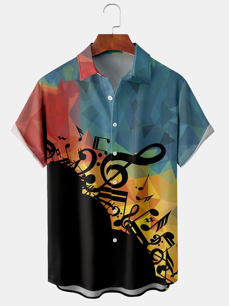 

Men's Music Element Graphic Print Short Sleeve Shirt, Black, Men's Floral shirt