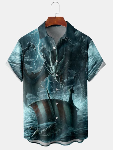 

Mens Dragon Print Front Buttons Soft Breathable Chest Pocket Casual Hawaiian Shirts, Green, Men's Floral shirt