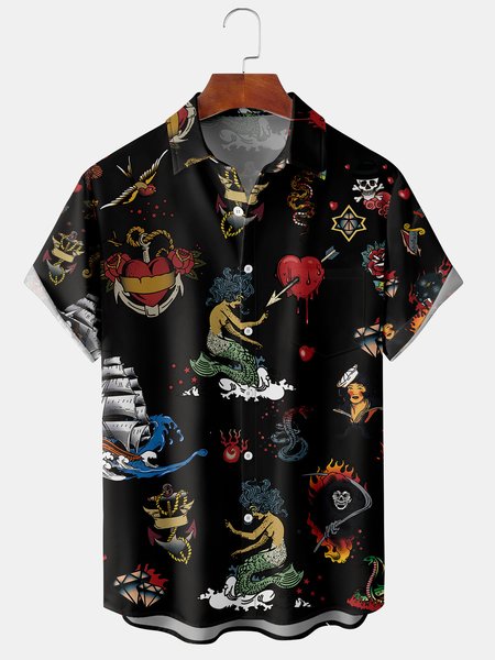 

Men's Mermaid Element Print Casual Breathable Hawaiian Short Sleeve Shirt, Black, Men's Floral shirt