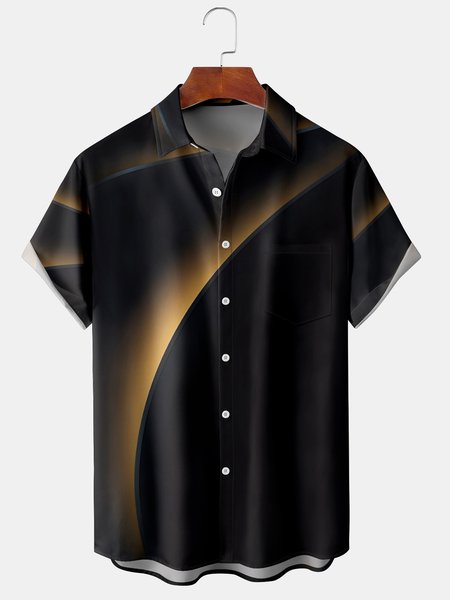 

Men's Simple Line Print Casual Fabric Fashion Lapel Pocket Short Sleeve Shirt, Black, Men's Floral shirt