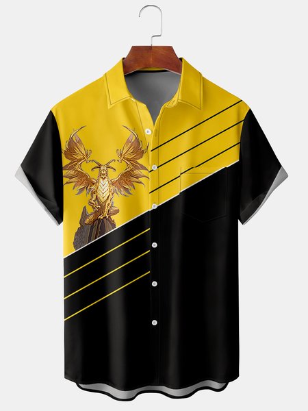 

Men's dragon print casual fabric fashion lapel koudai short sleeve shirt, Yellow, Men's Floral shirt