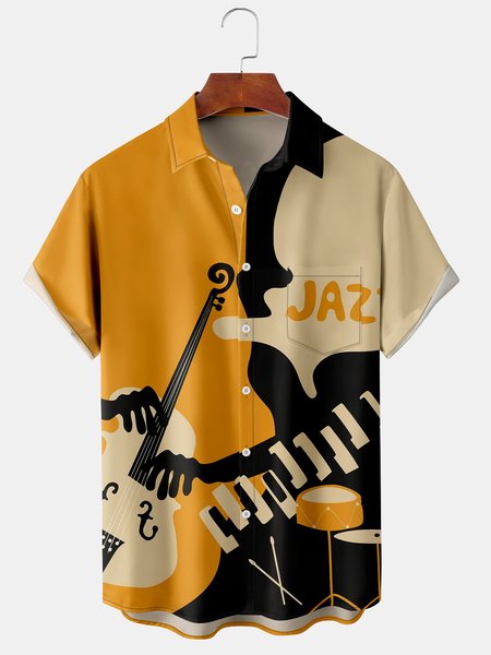 

Men's Music Element Graphic Print Short Sleeve Shirt, Yellow, Men's Floral shirt