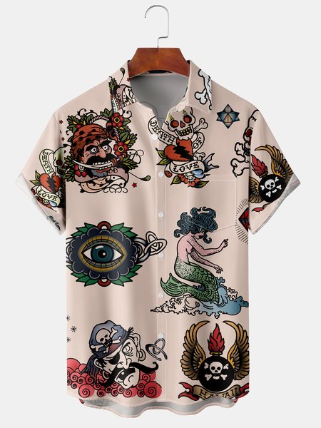 

Men's Mermaid Element Print Casual Breathable Hawaiian Short Sleeve Shirt, Pink, Men's Floral shirt