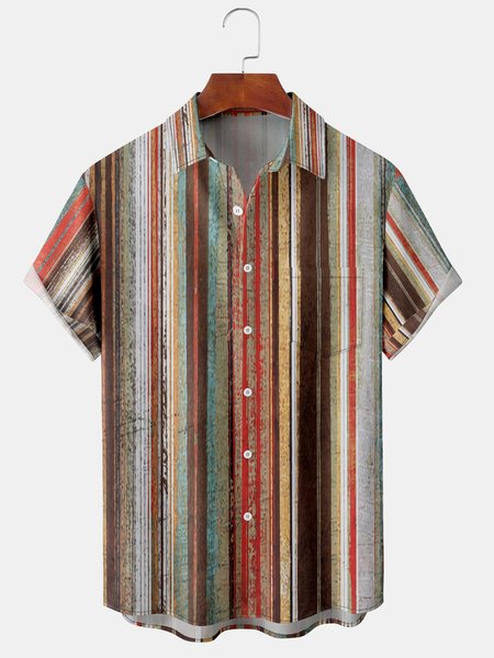 

Men's Vintage Striped Print Casual Breathable Hawaiian Short Sleeve Shirt, Coffee, Men's Floral shirt