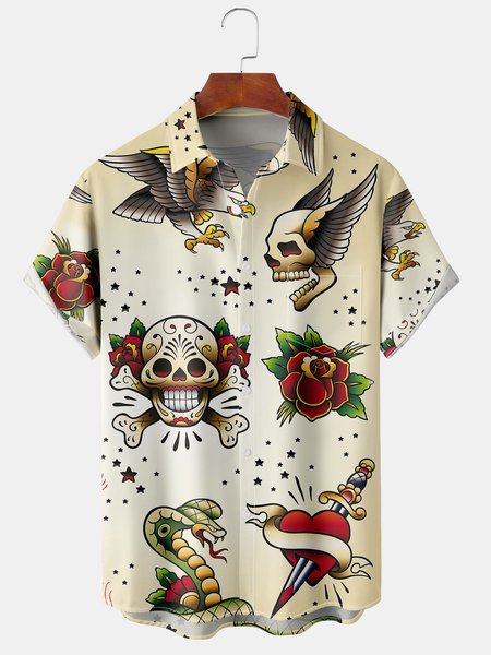 

Men's Skull Print Casual Breathable Hawaiian Short Sleeve Shirt, Apricot, Men's Floral shirt