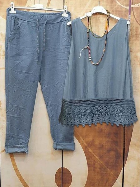 

Cotton linen LACE VEST two piece set Boho set plus size, Blue, Suit Set