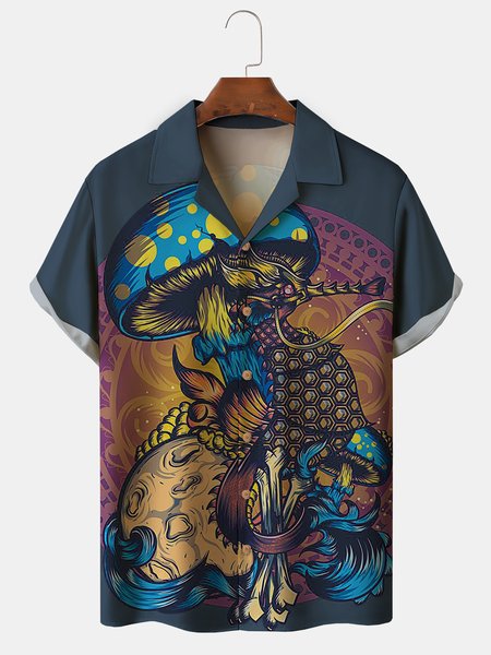 

Men's Music Hippie Culture Print Casual Fabric Fashion Lapel Short Sleeve Shirts, Blue, Men's Floral shirt
