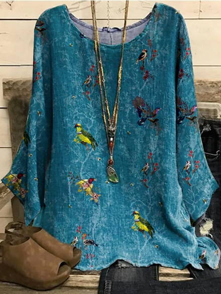 

Animal Floral Casual Crew Neck Long sleeve T-Shirt, Blue, Shirts & Blouses