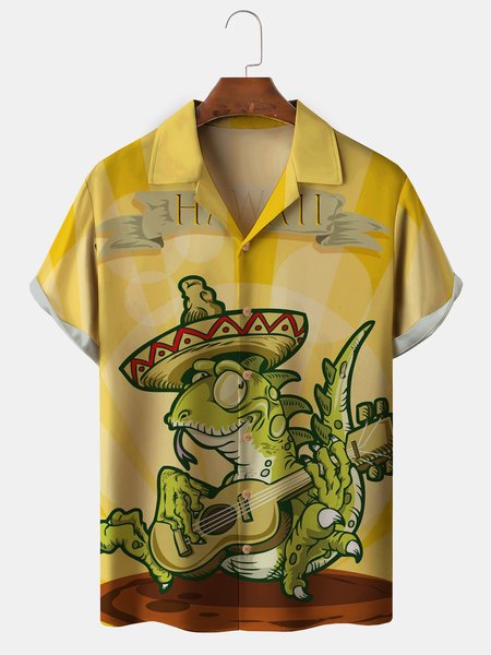 

Men's Music Print Casual Fabric Fashion Lapel Short Sleeve Shirts, Yellow, Men's Floral shirt