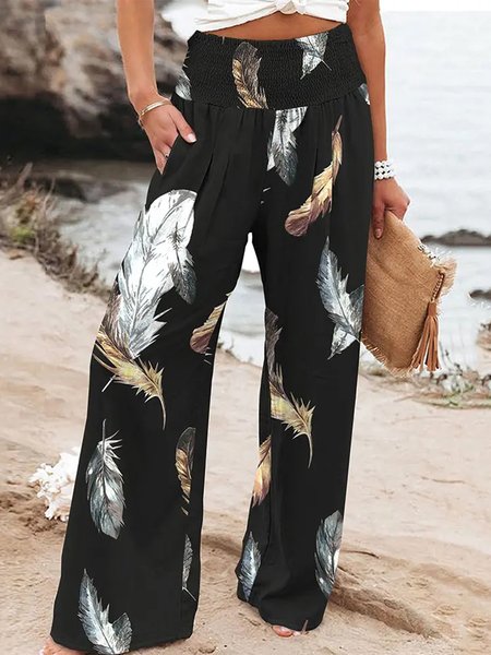 

Feather Pattern Loose Casual Pants, Black, Wide Leg Pants