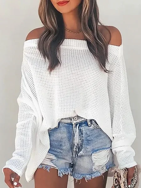 

Plain Loosen Casual Long Sleeve Daily Top, White, Tops