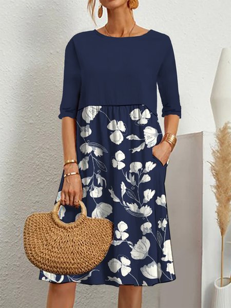 

Floral Crew Neck Ruched Dresses, Dark blue, Mini Dresses