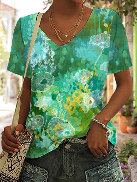 

Casual Floral Fit V neck T-Shirt, Green, T-Shirts
