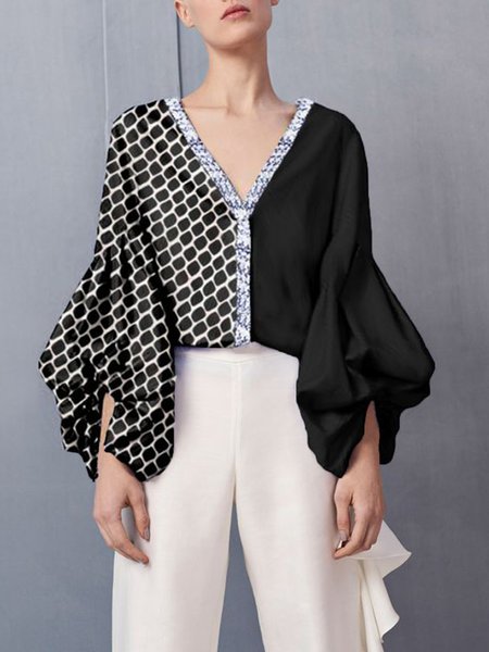 

Geometric Lantern Sleeve Loosen Daily Top, Black, Blouses and Shirts