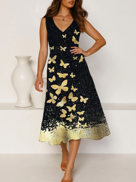 

Elegant Butterfly V Neck Dresses, Black, Dresses