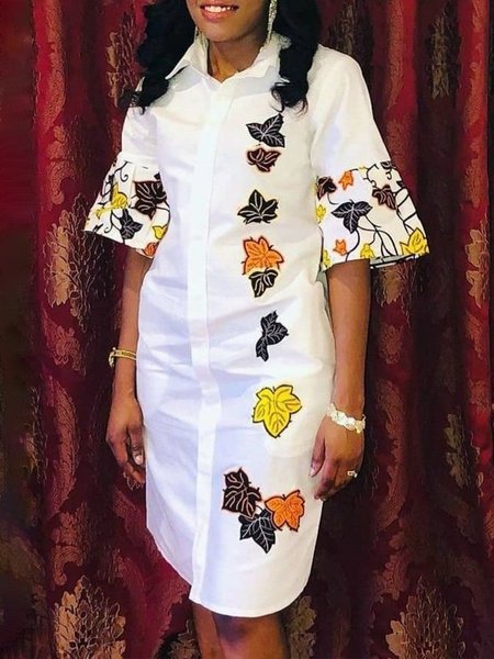 

Leaf Casual Shirt Collar Loosen Daily Mini Dress, White, Midi Dresses