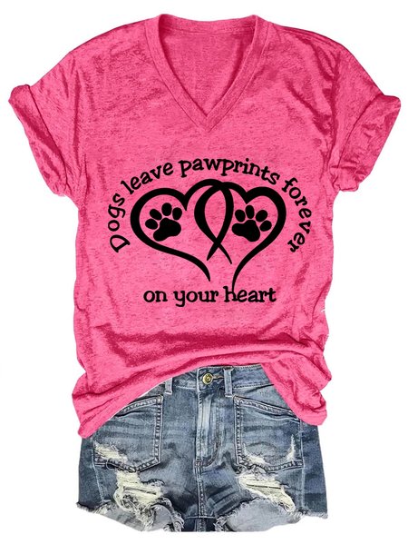 

Women Funny Dogs Leave Paw prints Forever On Your Heart Simple V Neck Cotton-Blend T-Shirt, Pink, T-shirts