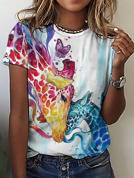 

Women Funny Colorful Giraffe Simple Loose Animal T-Shirt, As picture, T-shirts
