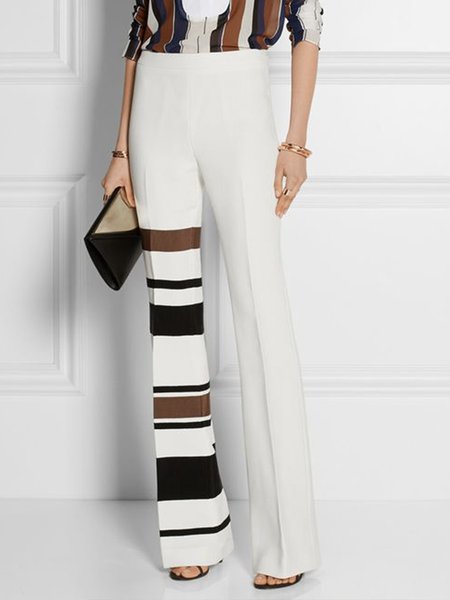 

Long High Waist Daily Simple Striped Fashion Pants, White, Wide Leg Pants