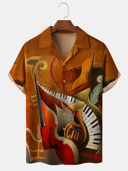 

Men's Music Print Casual Fabric Fashion Lapel Short Sleeve Shirts, Coffee, Men's Floral shirt