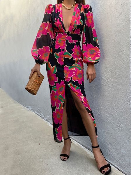 

Vacation V Neck Elegant Floral Printed Dress, Black, Maxi Dresses