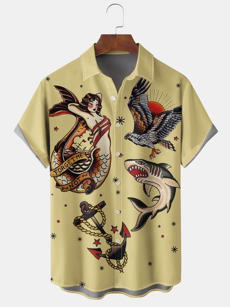 

Men's Mermaid Print Casual Breathable Hawaiian Short Sleeve Shirt, Khaki, Men's Floral shirt