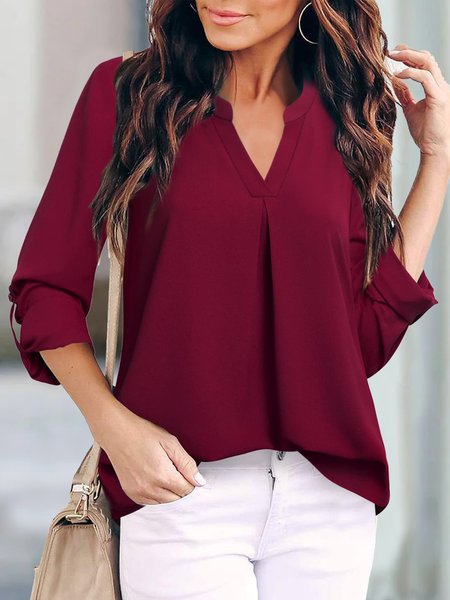 

Plain V Neck Loose Tops, Red, Shirts & Blouses