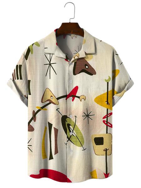 

Cozy Linen Shirt Cotton Linen Style Geometric Striped Cozy Linen Shirt, As picture, Men's Floral shirt