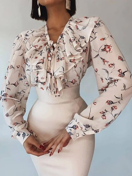 

Elegant Floral Long Sleeve Fit Top, Multicolor, Blouses and Shirts