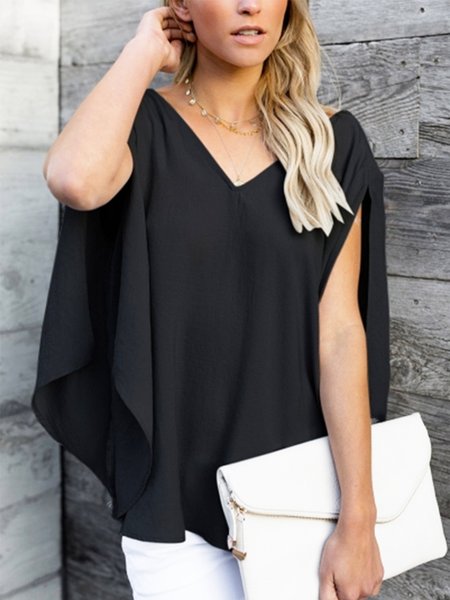 

Urban V Neck Loose Cap Sleeve Top, Black, Tops