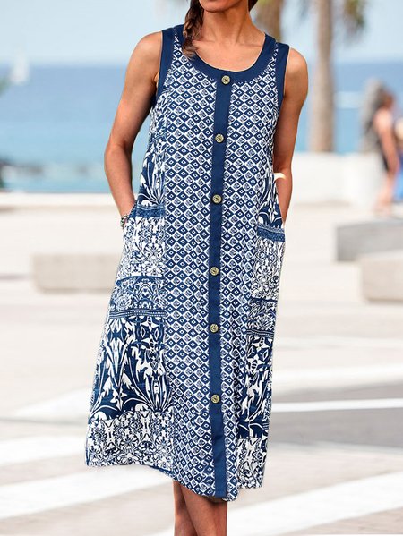 

Casual Crew Neck Fit Ethnic Fit Dresses, Dark blue, Midi Dresses