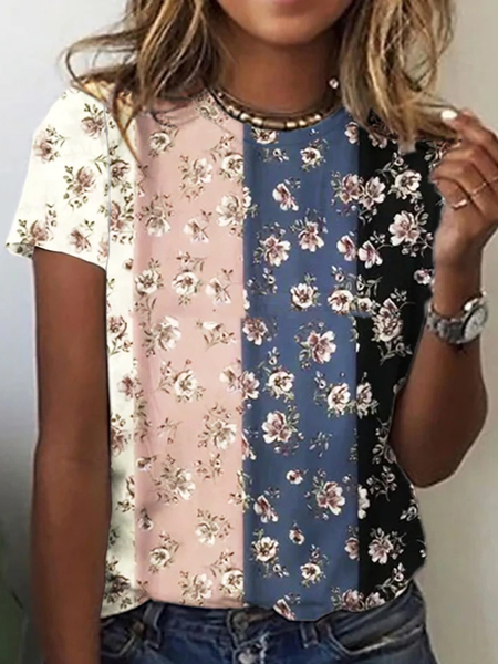 

Floral Casual Cotton-Blend Crew Neck T-Shirt, Multicolor, Tops