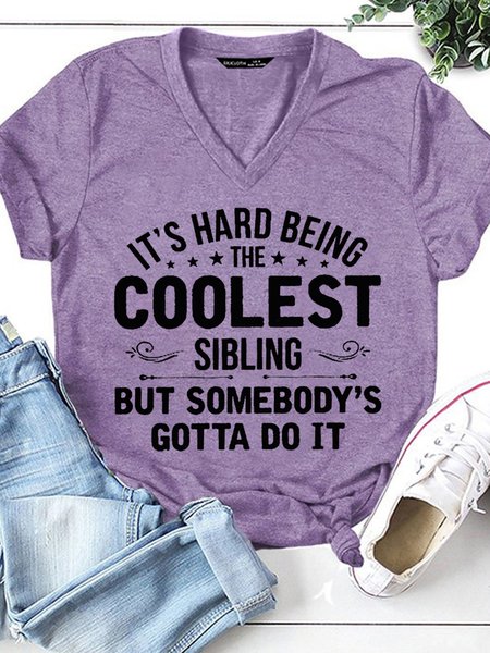 

Womens Funny Silibing Letter Print V Neck T-Shirt, Purple, T-shirts