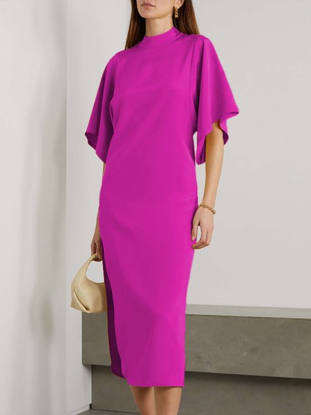 

Elegant Plain Half Seeve Stand Collar Dress, Rose red, Midi Dresses