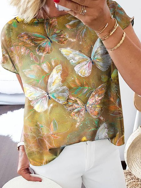 

Casual Butterfly Loose Boat Neck T-Shirt, Multicolor, T-Shirts