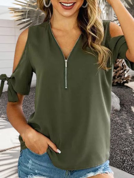 

Simple Plain V Neck Blouse, Green, Shirts & Blouses